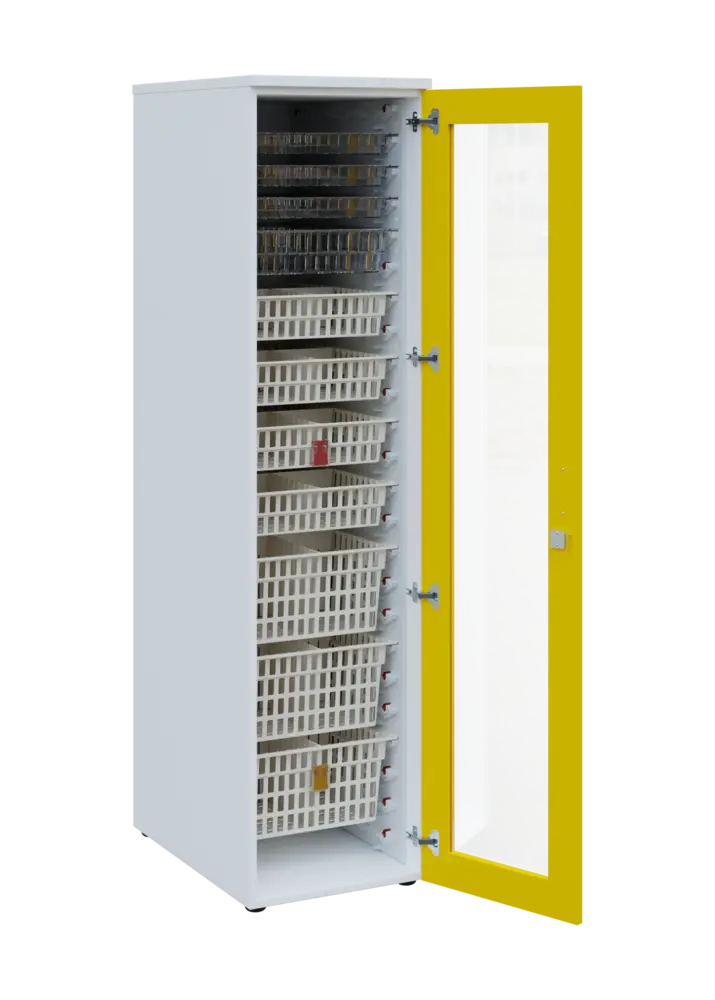 EUROMEDICA S - 46 skříň léková boxová, 1-dveřová/prosklená, pravá, 1950x460x735, korpus bílý, dvířka žlutá odio